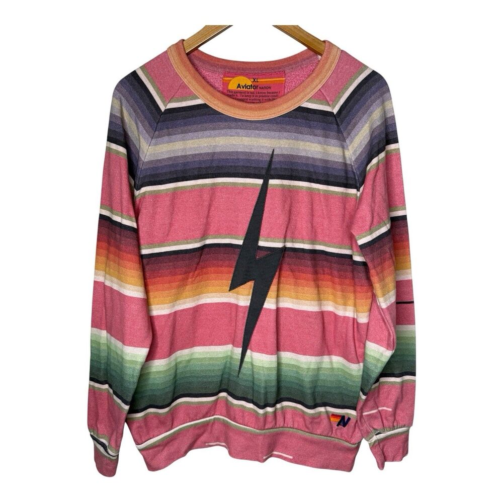 Aviator Nation Serape Stripe Bolt Stitch Sweatshirt XL Pink Multicolor USA Made